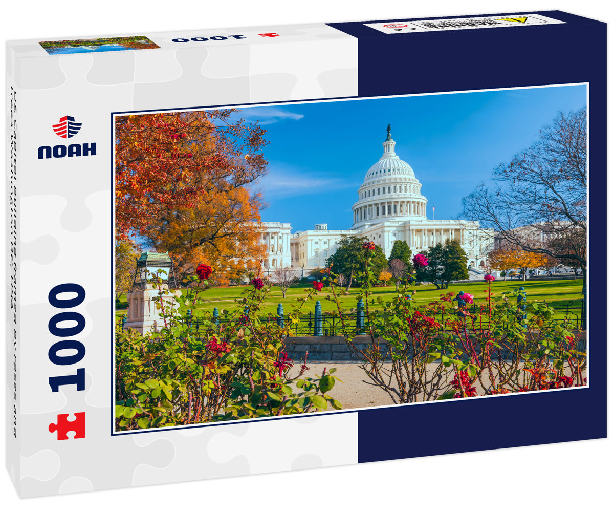 US Capitol building framed by roses and trees.Washington DC, USA