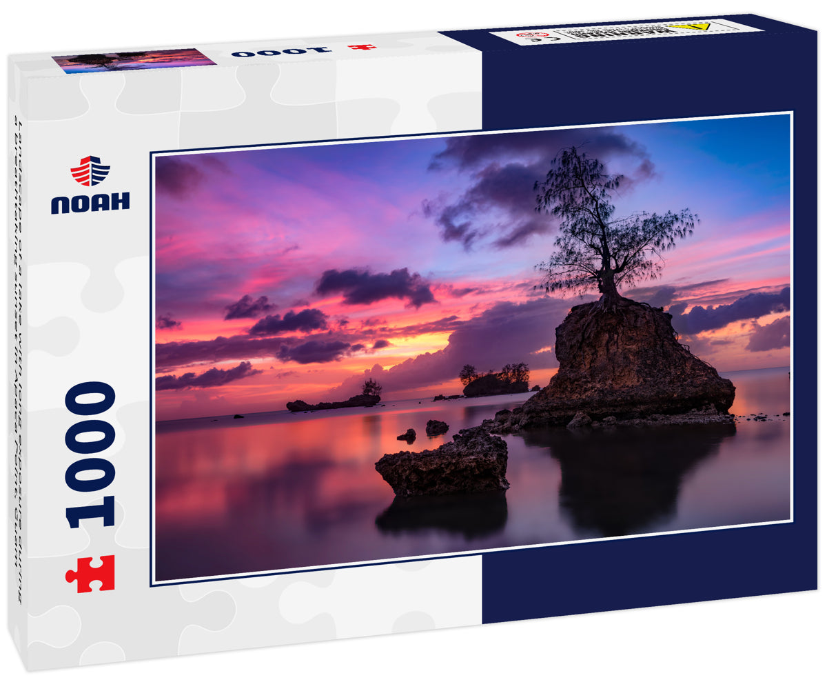 Landscape of a lake with long exposure during a breathtaking sunset in Apaca Point, Guam