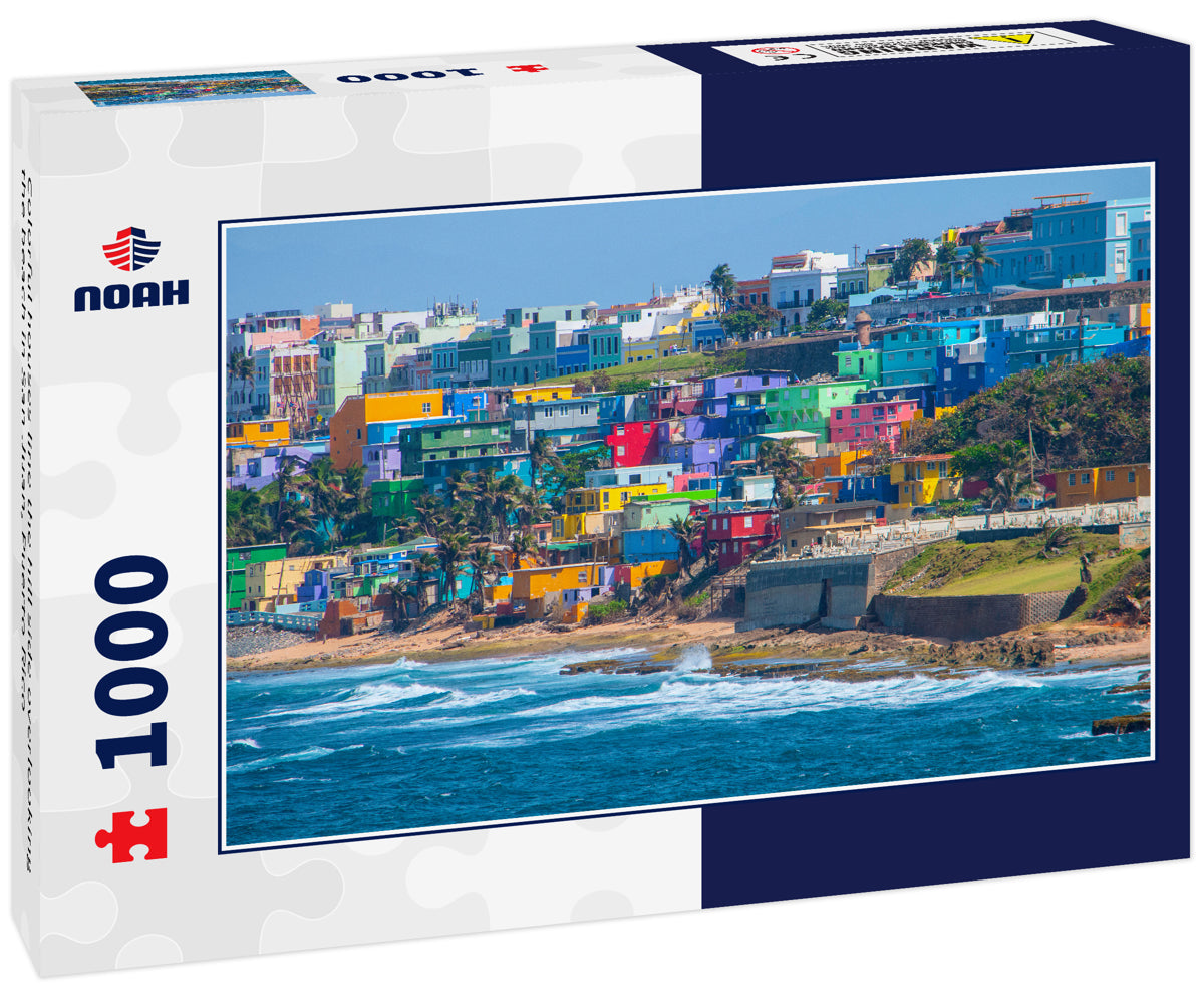 Colorful houses line the hill side overlooking the beach in San Juan, Puerto Rico