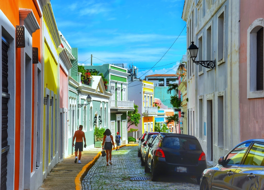 Street View of San Juan, Puerto Rico's capital and largest city, sits on the island's Atlantic coast. Cobblestoned Old San Juan features colorful Spanish colonial buildings