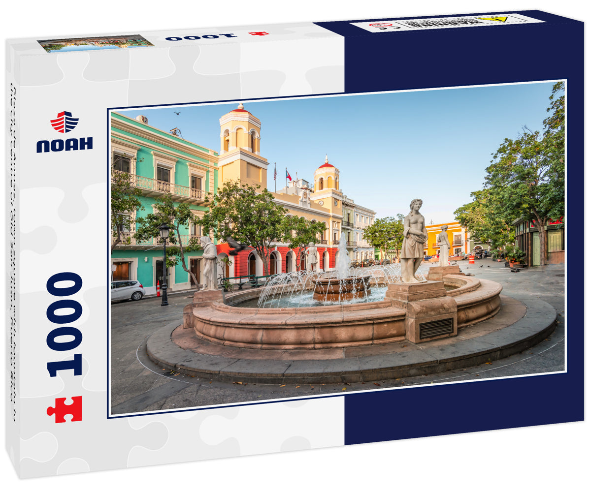 Plaza de Armas, town square with fountain in the city centre of Old San Juan, Puerto Rico