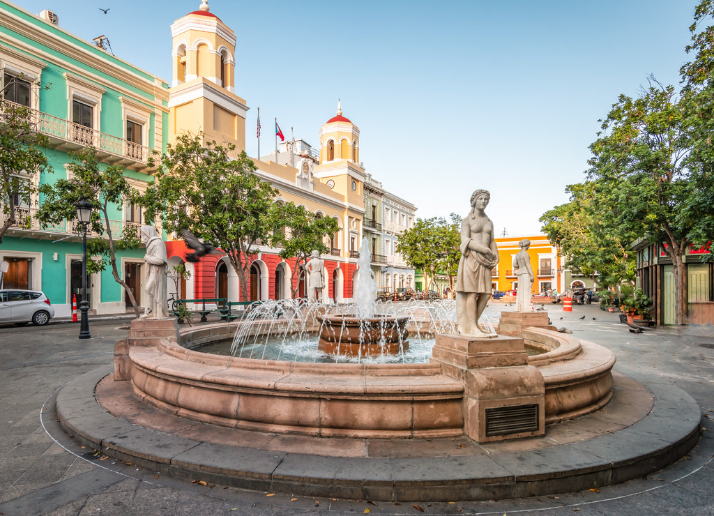 Plaza de Armas, town square with fountain in the city centre of Old San Juan, Puerto Rico