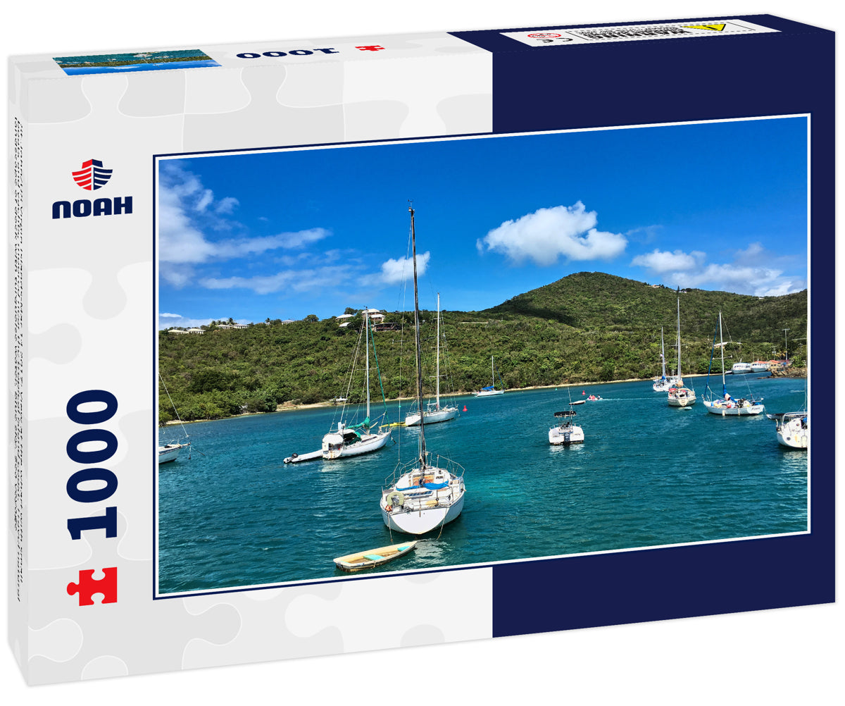 St.John/US Virgin Islands-Mar 14 2017: View at the wharf with small boats and yachts, moored near the tropical island coast. Travel natural landscape of dock with turquoise water, blue sky. Sea voyage