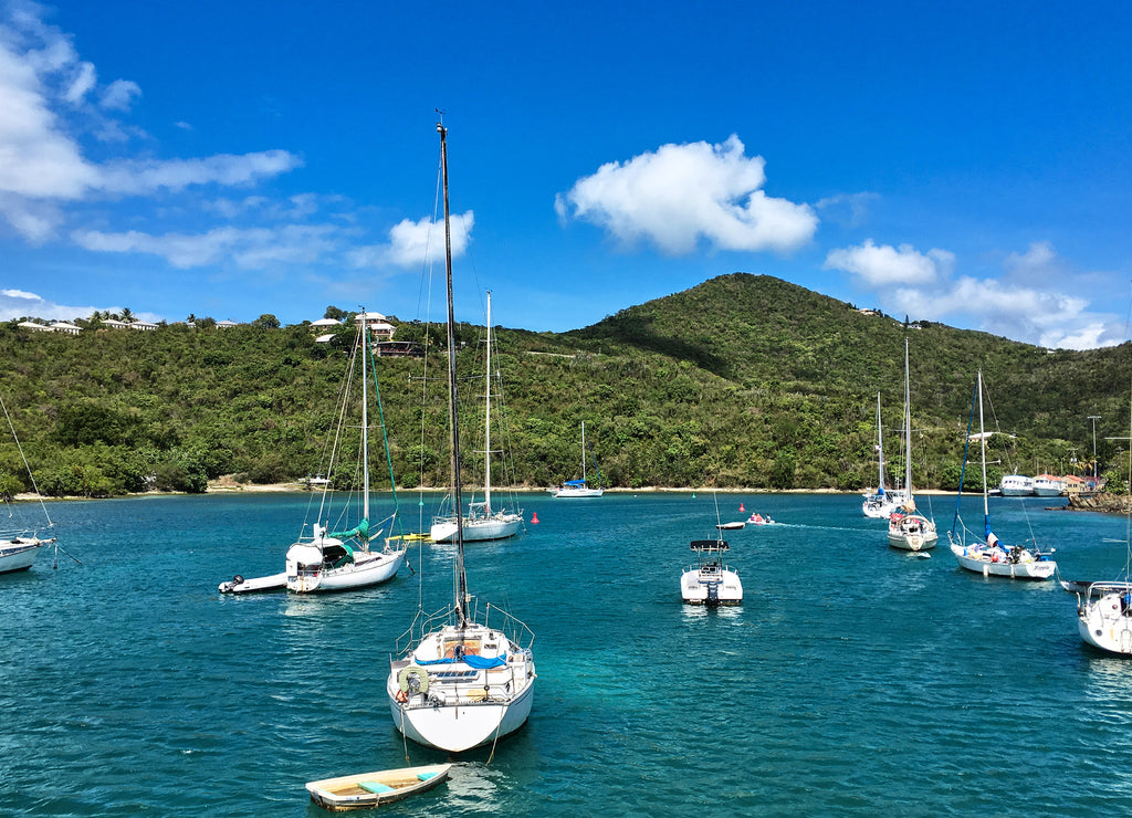 St.John/US Virgin Islands-Mar 14 2017: View at the wharf with small boats and yachts, moored near the tropical island coast. Travel natural landscape of dock with turquoise water, blue sky. Sea voyage