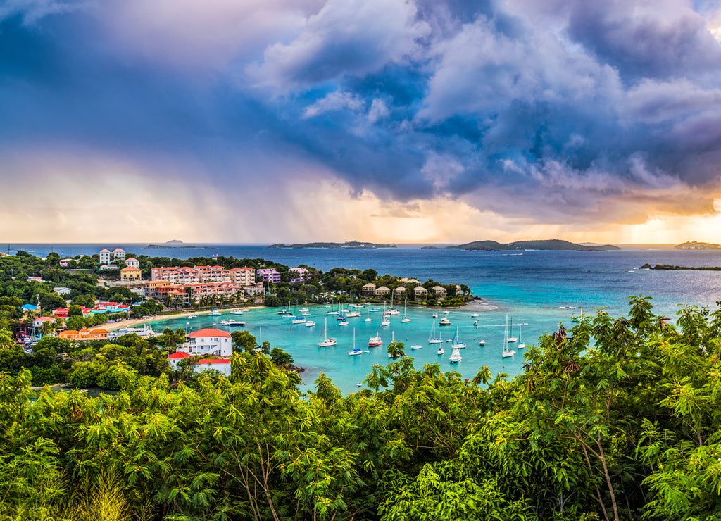 Cruz Bay St. Johns, U.S. Virgin Islands with storm clouds