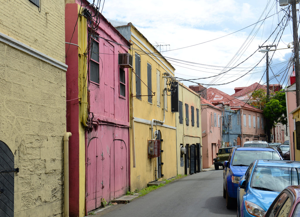 Historic Building on Dronningens Gade between Palm Pasg and Guttets Gade in downtown Charlotte Amalie on Saint Thomas Island, US Virgin Islands, USA