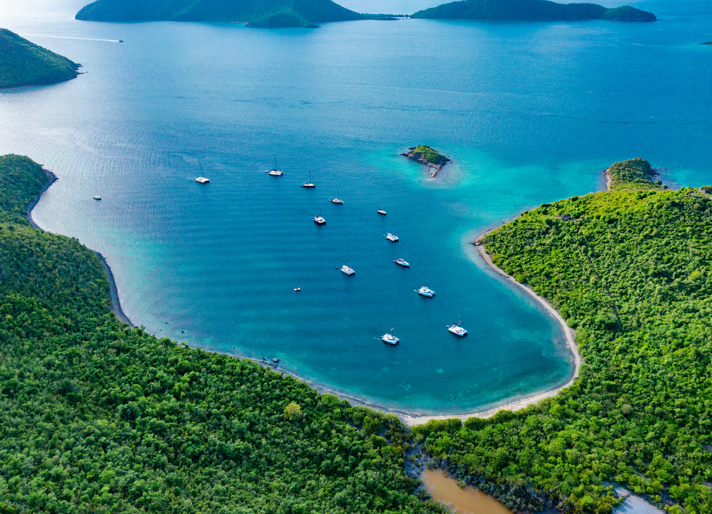 Aerial view of boats anchored in Watermelon Bay St John, U.S. Virgin Islands