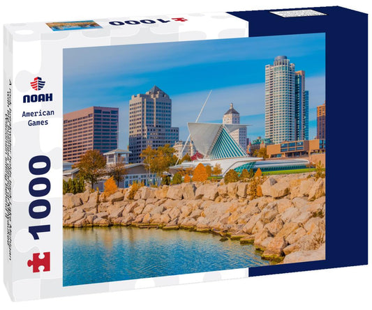 Noah Jigsaw Puzzle A rock breakwater holds back Lake Michigan, with the business district of Milwaukee, Wisconsin sitting behind it 1000 pieces