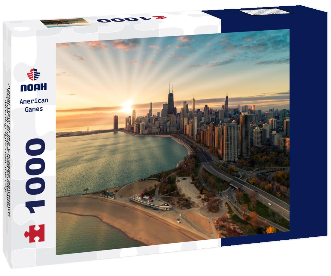 Noah Jigsaw Puzzle Aerial view of the Chicago downtown skyline at sunrise with sunbeams. Morning light over the city on Lake Michigan 1000 pieces