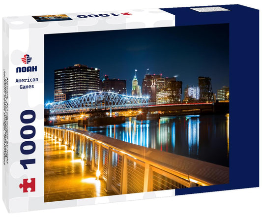 Noah Jigsaw Puzzle Newark, NJ cityscape by night, viewed from Riverbank park. Jackson street bridge, illuminated, spans the Passaic River 1000 pieces