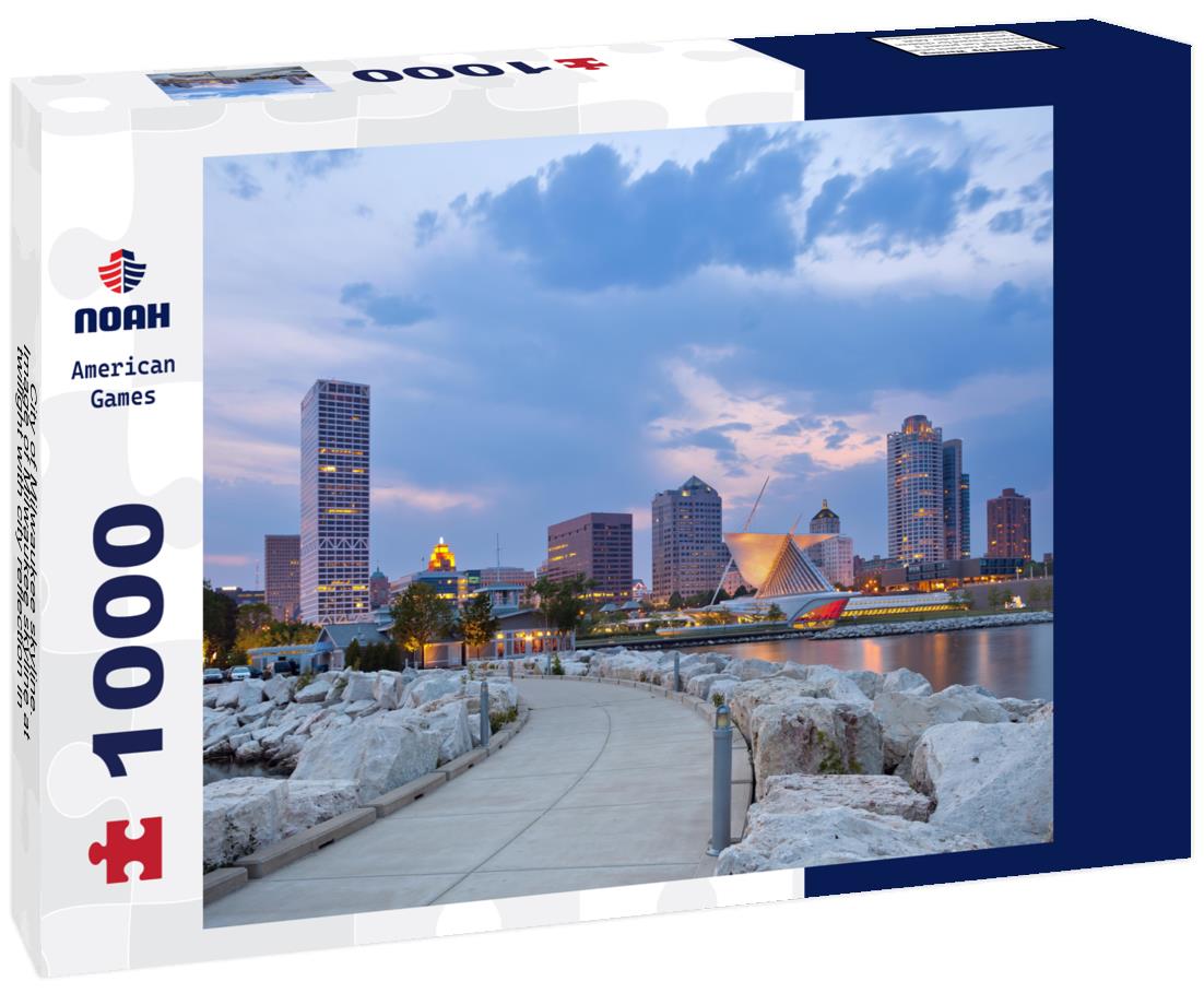 Noah Jigsaw Puzzle City of Milwaukee skyline. Image of Milwaukee skyline at twilight with city reflection in lake Michigan and harbor pier 1000 pieces