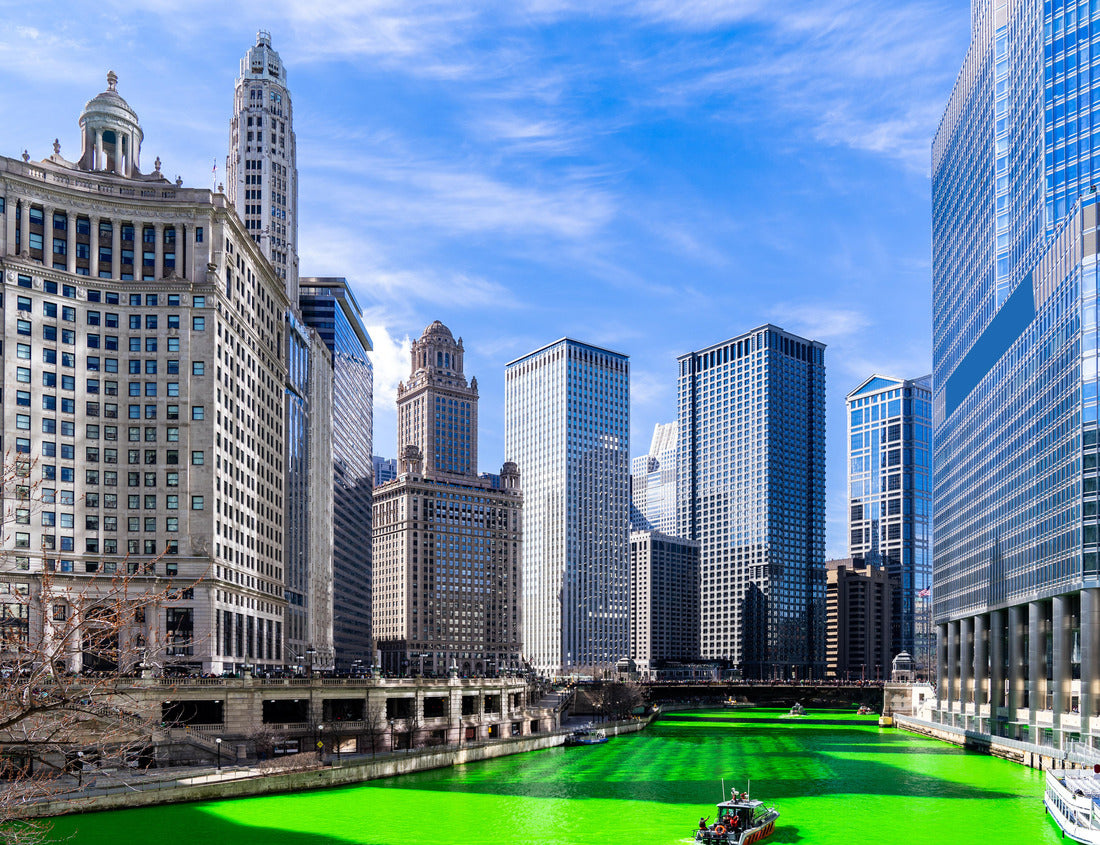 Noah Jigsaw Puzzle Chicago skylines buildings along the green coloring Chicago River at St. Patrick's Day Festival in Chicago Downtown IL USA 1000 pieces