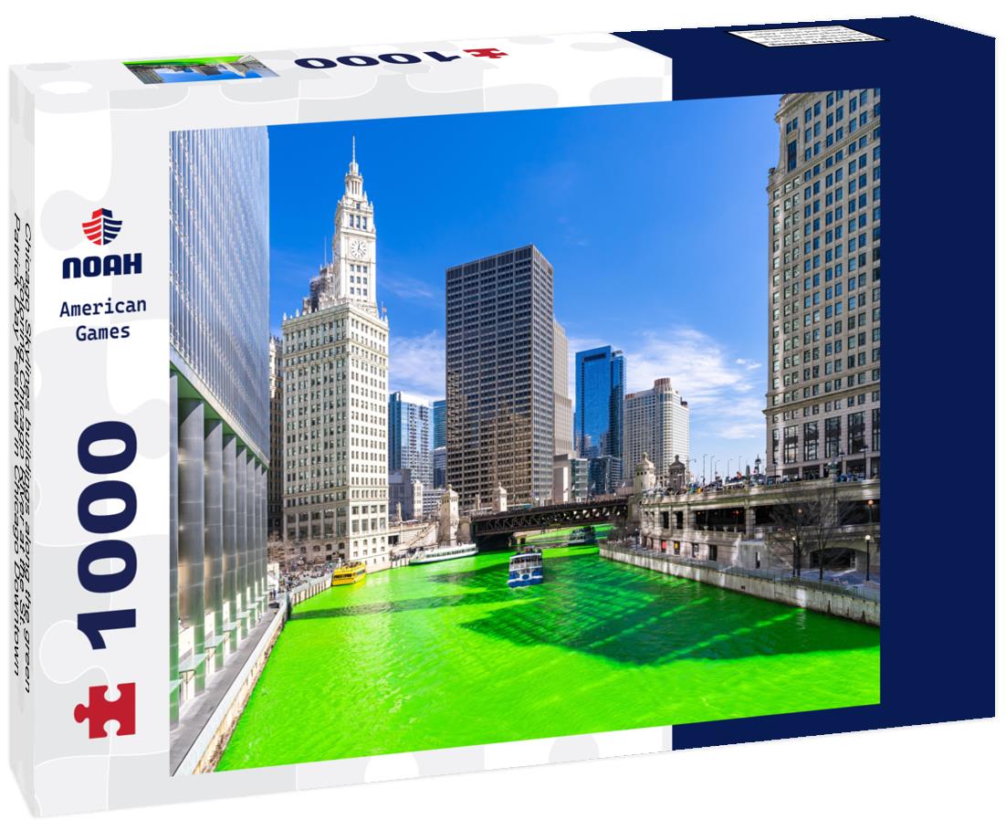 Noah Jigsaw Puzzle Chicago Skylines buildings along the green coloring Chicago River at the St. Patrick Day Festival in Chicago Downtown IL USA 1000 pieces