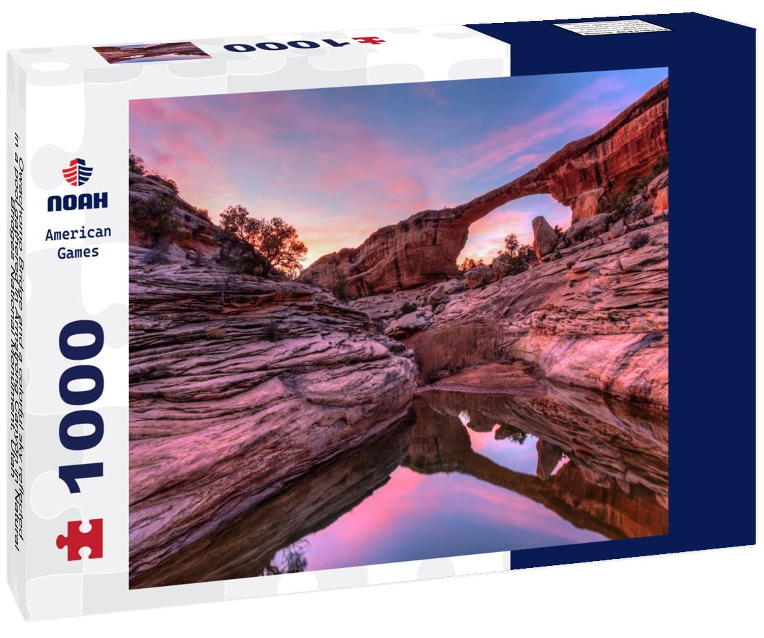 Noah Jigsaw Puzzle Owachomo Bridge and a colorful sky reflected in a pool gathered in Armstrong Canyon in Natural Bridges National Monument, Utah 1000 pieces