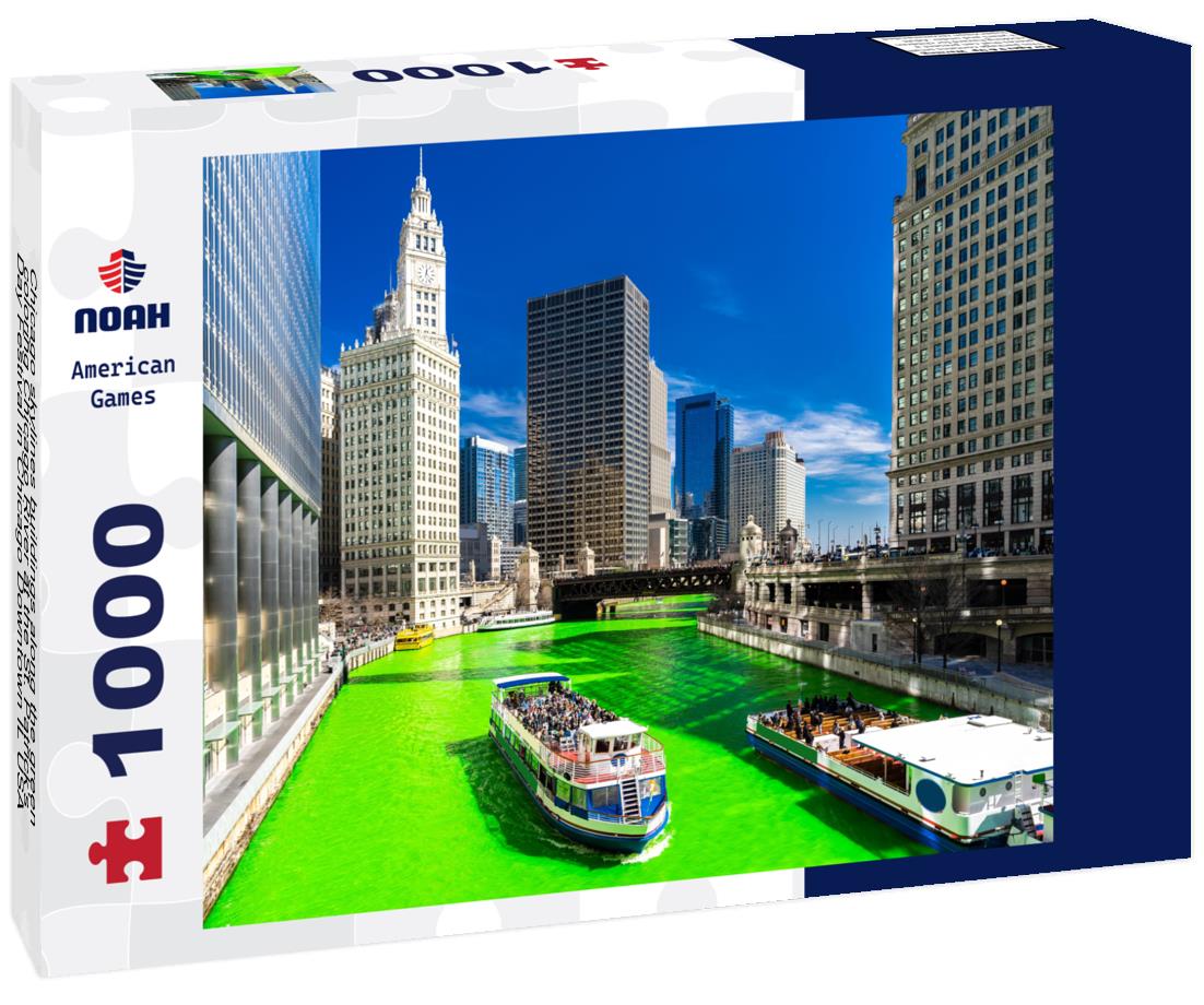 Noah Jigsaw Puzzle Chicago skylines buildings along the green coloring Chicago River at the St. Patrick's Day Festival in Chicago Downtown IL USA 1000 pieces
