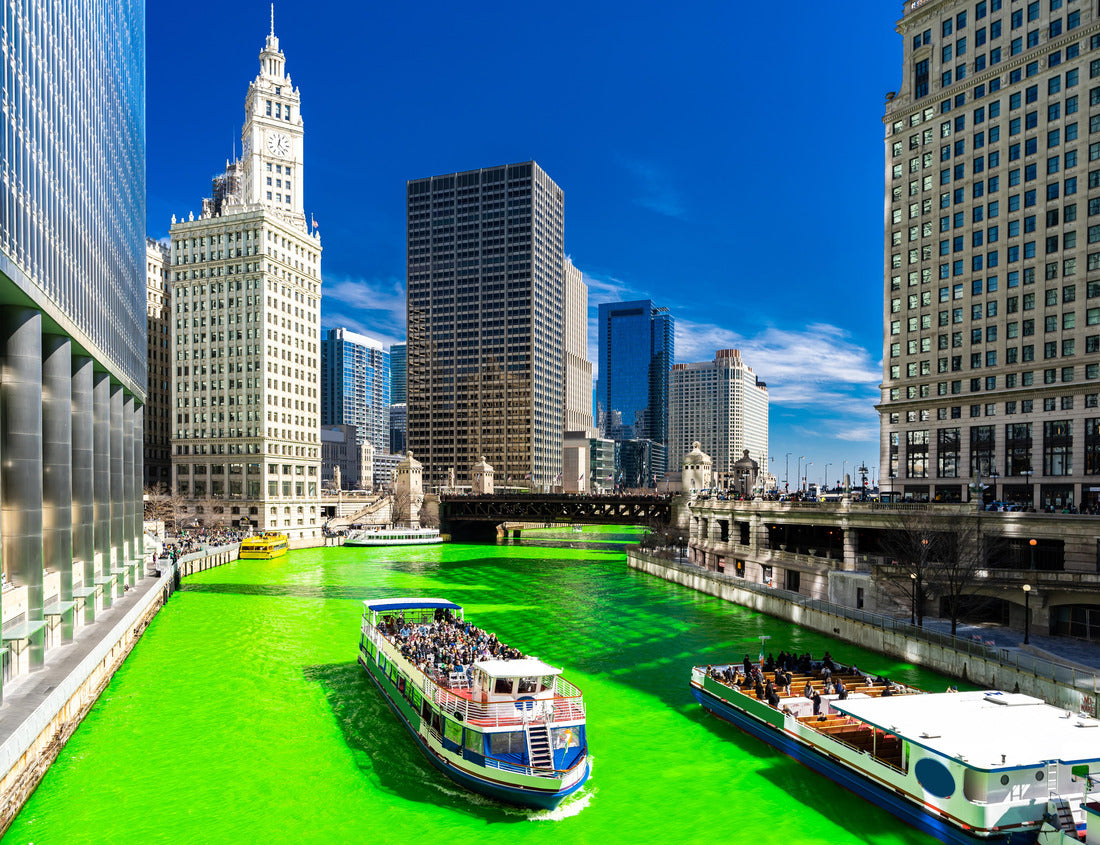 Noah Jigsaw Puzzle Chicago skylines buildings along the green coloring Chicago River at the St. Patrick's Day Festival in Chicago Downtown IL USA 1000 pieces