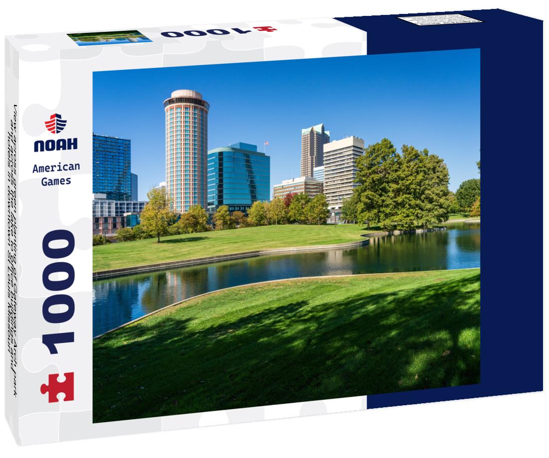 Noah Jigsaw Puzzle View across green planting of Gateway Arch park and across the lake to office buildings and hotels in downtown St Louis Missouri 1000 pieces