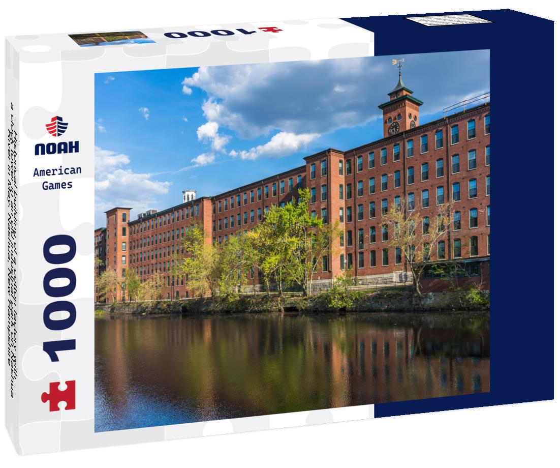 Noah Jigsaw Puzzle Historical building of a cotton factory with a clock tower in an old industrial park on Nashua River in May. Nashua, New Hampshire 1000 pieces