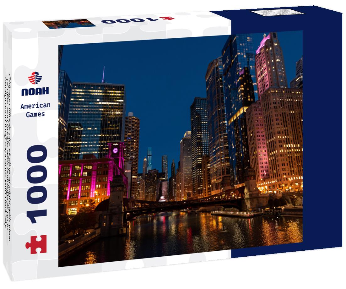 Noah Jigsaw Puzzle Chicago Illinois city skyline at night with view of river and bridge with buildings lit up in background long exposure with dark sky 1000 pieces