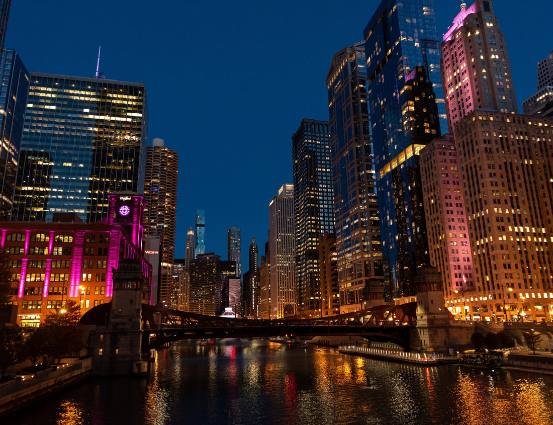 Noah Jigsaw Puzzle Chicago Illinois city skyline at night with view of river and bridge with buildings lit up in background long exposure with dark sky 1000 pieces