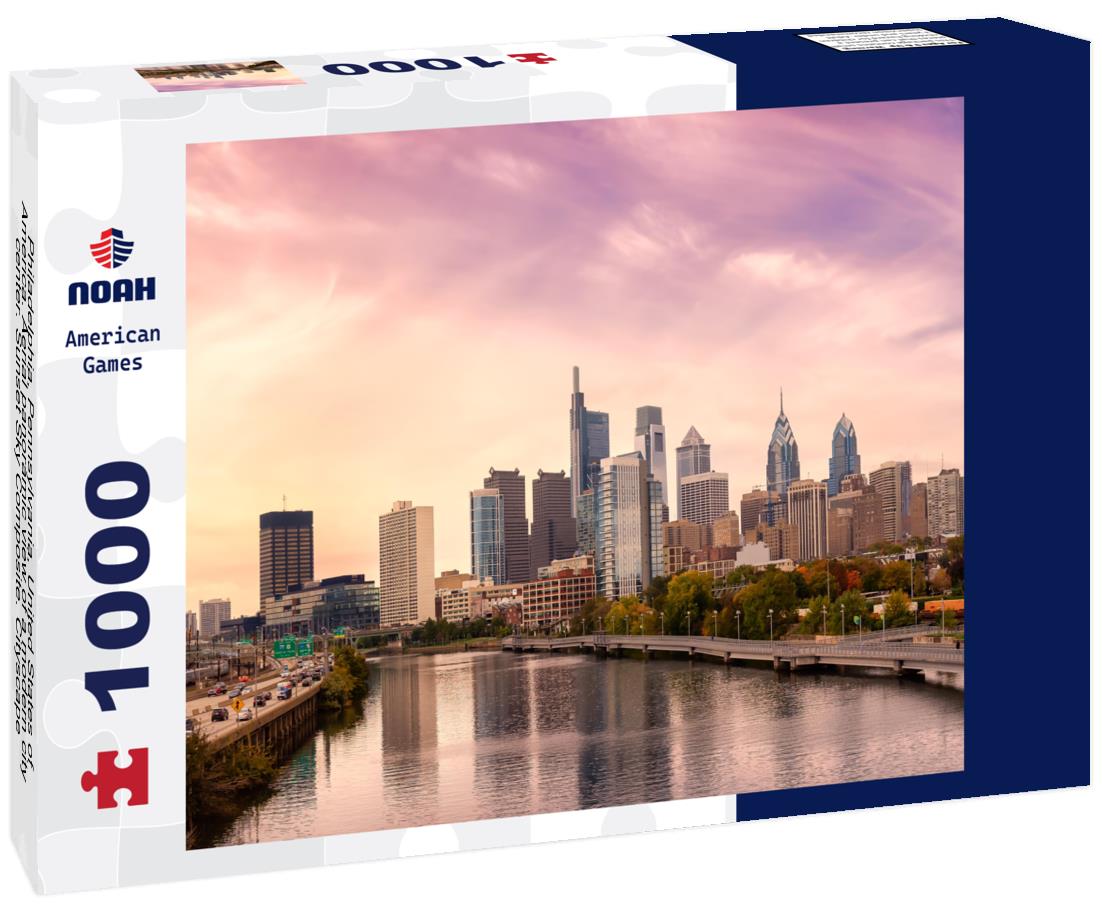 Noah Jigsaw Puzzle Philadelphia, Pennsylvania, United States of America. Aerial panoramic view of a modern city center. Sunset Sky Composite. Cityscape 1000 pieces