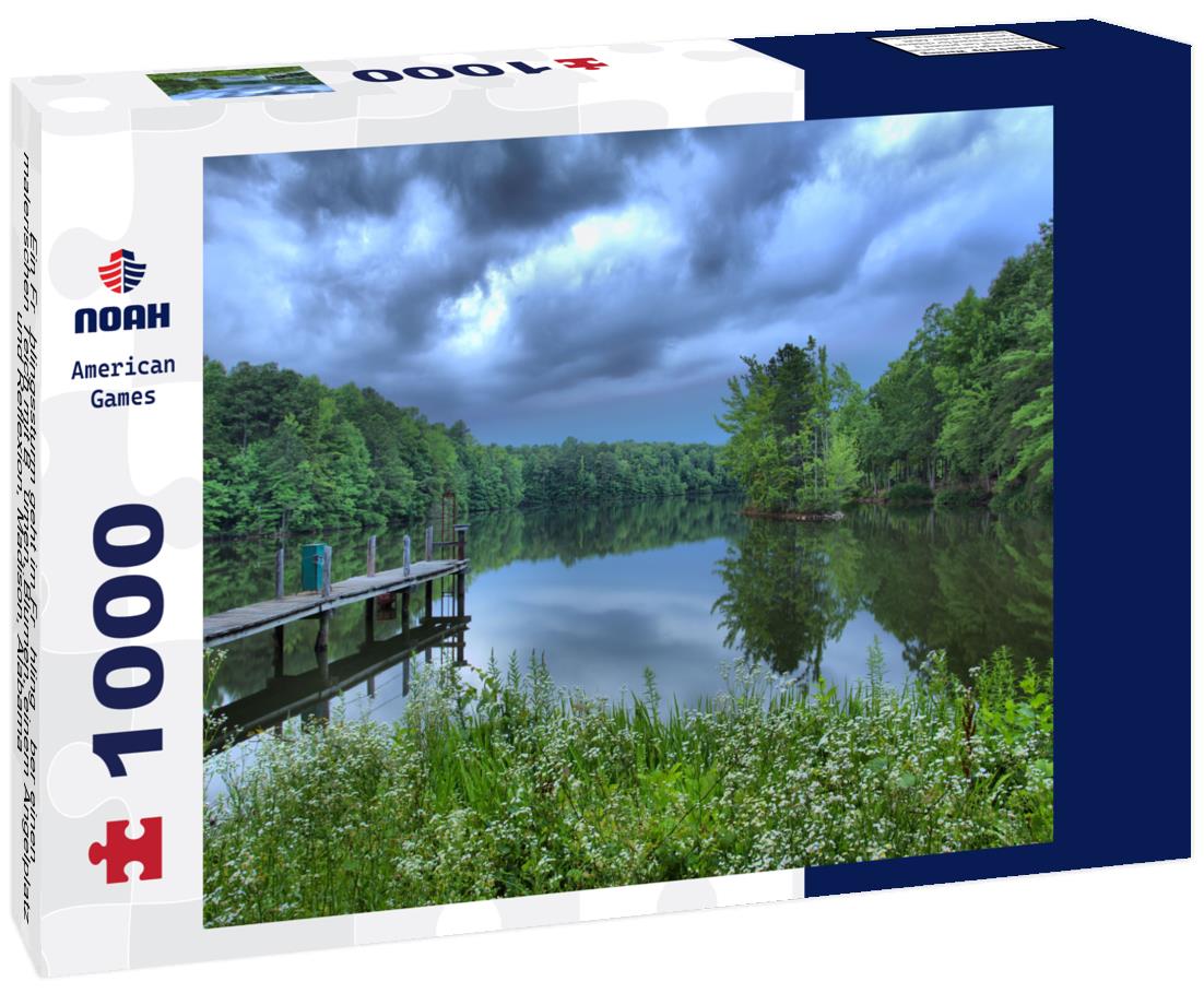 Noah Jigsaw Puzzle Ein Frühlingssturm geht im Frühling über einen malerischen Teich mit Bäumen, Blumen, einem Angelplatz und Reflexion, Madison, Alabama 1000 pieces