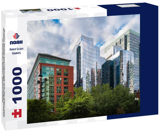 Noah Jigsaw Puzzle Boston Skyline and Cityscape over the green park. Abstract architectural geometry of modern buildings in downtown Boston, Massachusetts 1000 pieces