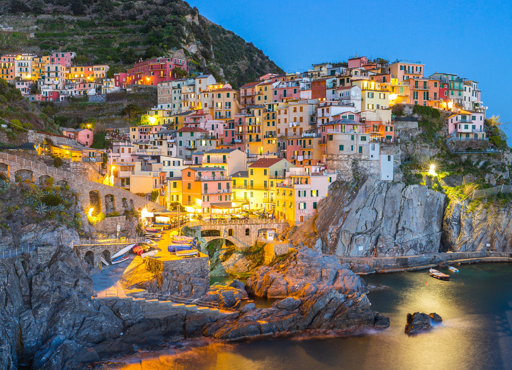 Manarola, village one of Cinque Terre, at night in La Spezia, Italy