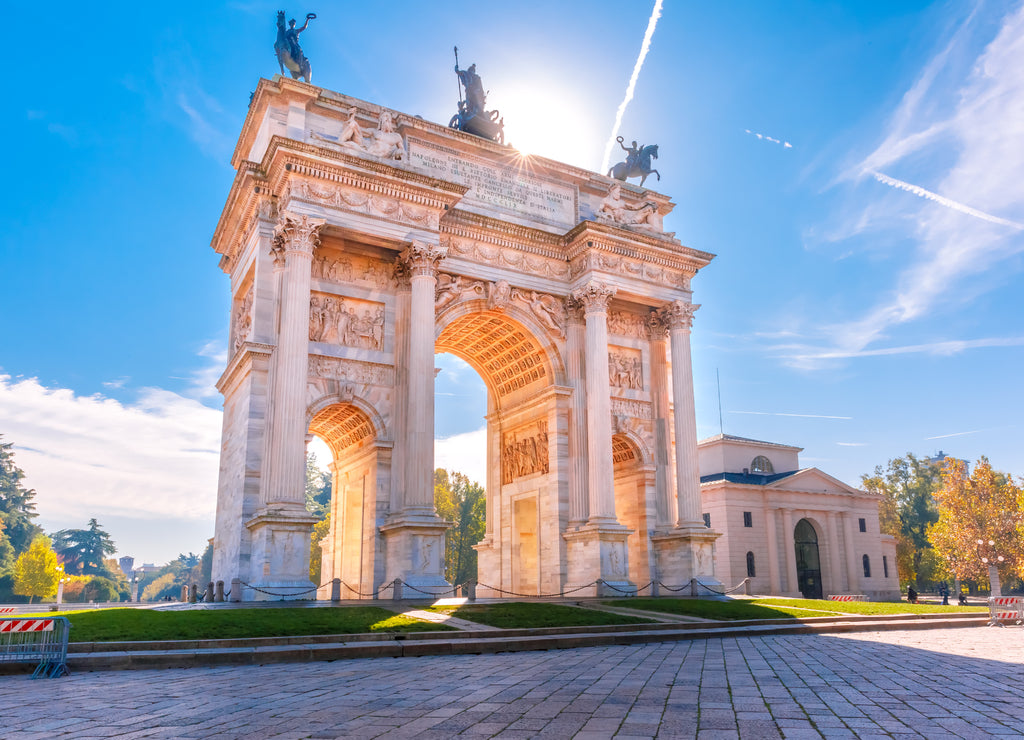 Arch of Peace or Arco della Pace, city gate in the center of the old town of Milan on sunny day, Lombardy, Italy