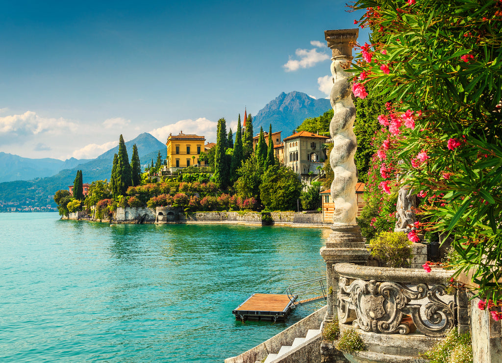 Oleander flowers and Villa Monastero in the background, Lake Como, Varenna