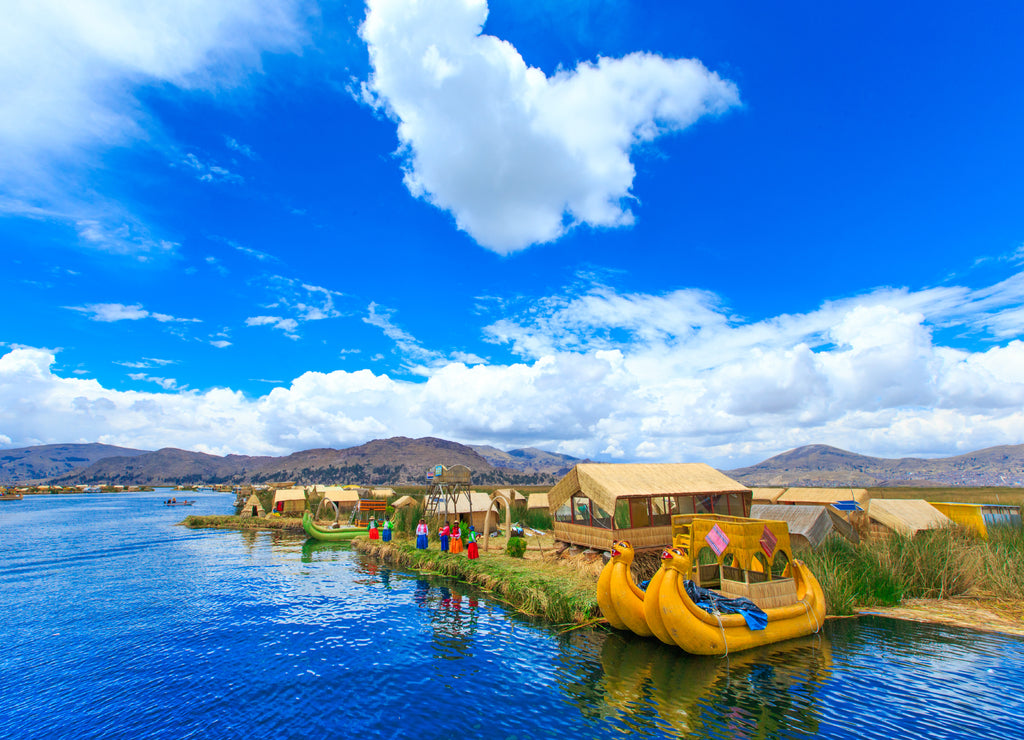 Totora boat on Lake Titicaca near Puno, Peru