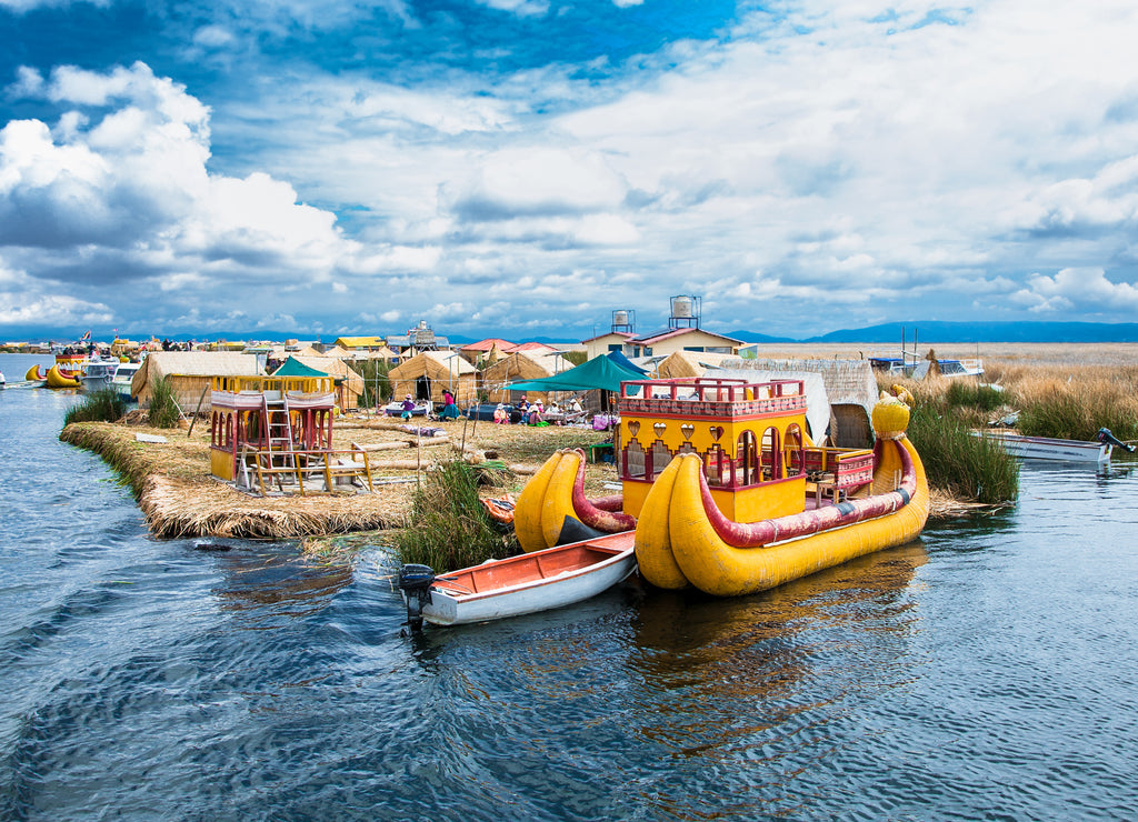 Uros floating islands on Lake Titicaca near Puno, Peru, South America
