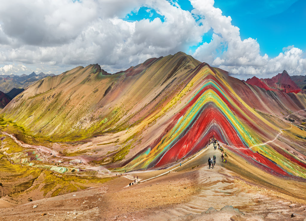 Hiking scene in Vinicunca, Cusco region, Peru. Rainbow Mountain