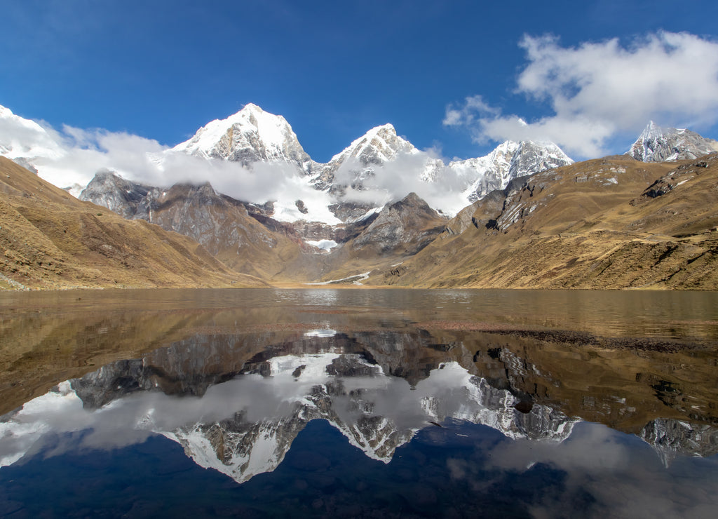 Panoramic view from the western end of Lagona Carhuacocha to Mount Yerupajá, Andes, Peru