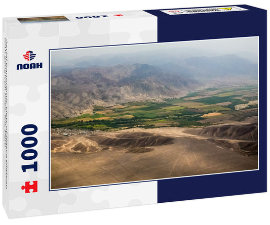Aerial panoramic view of Nazca plateau with geoglyph lines, Ica, Peru