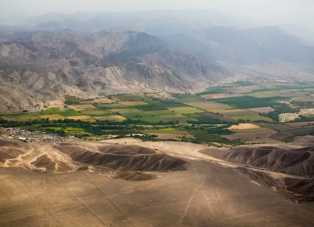 Aerial panoramic view of Nazca plateau with geoglyph lines, Ica, Peru