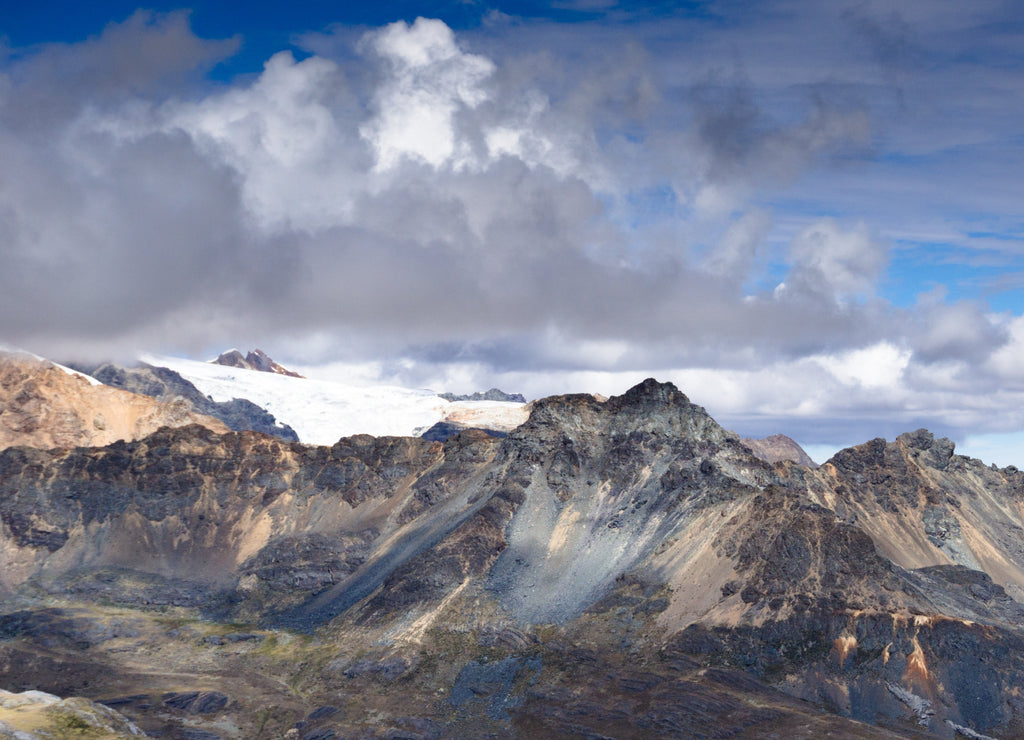 Panoramic view of the southern Cordillera Blanca and Nevado Pastoruri in the Andes in Peru