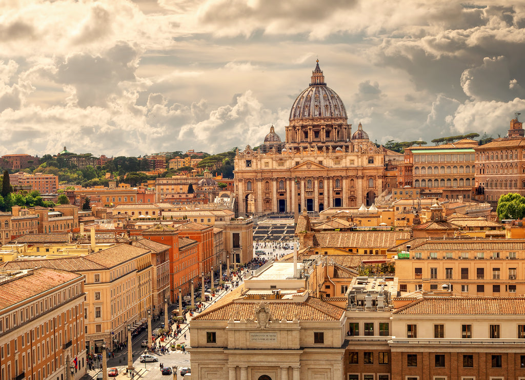 Panoramic view of Rome with St. Peter's Basilica in Vatican City, Italy. Skyline of Rome. Rome architecture and landmarks, cityscape