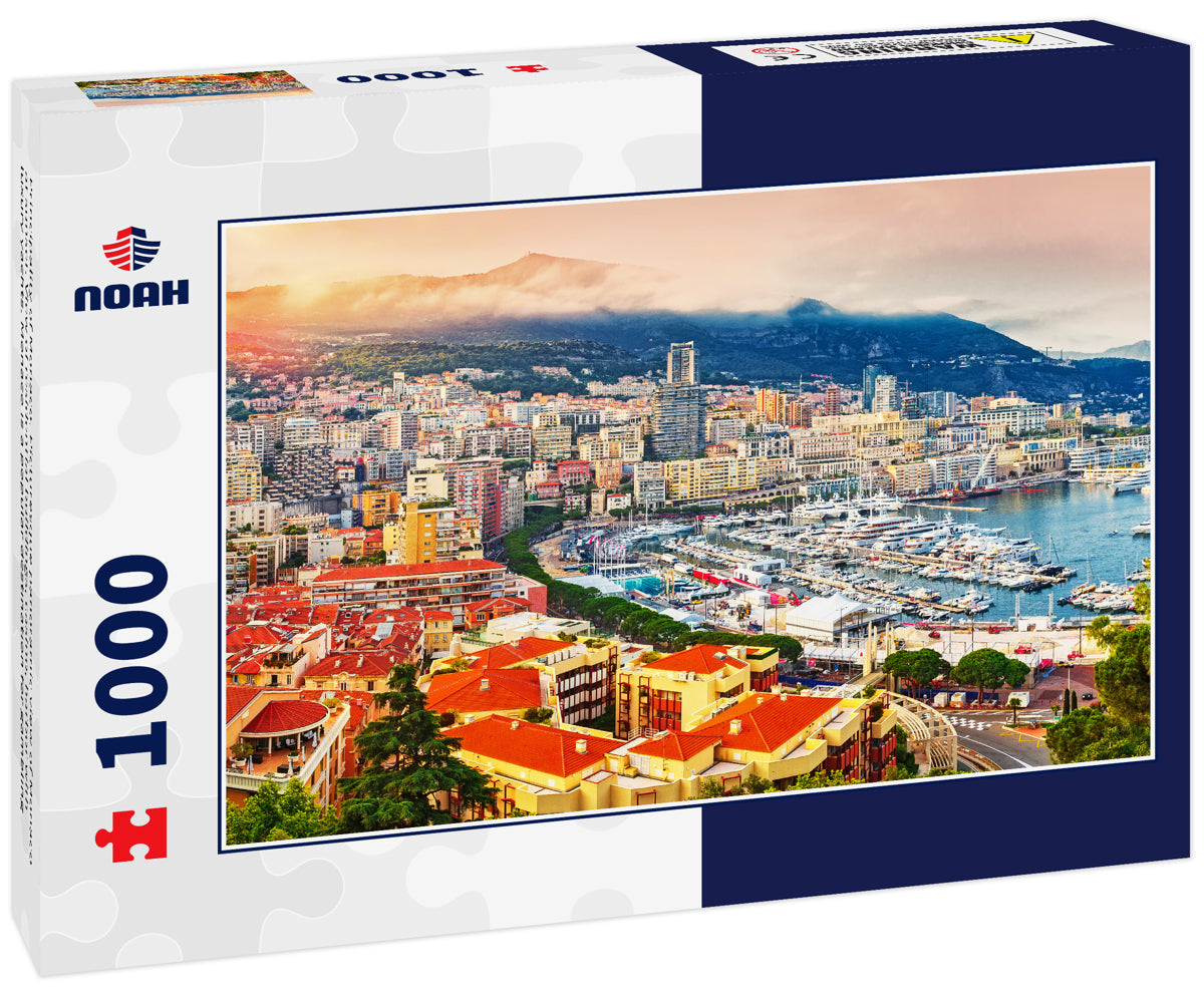 Principality of Monaco. Picturesque panoramic view of Monaco at sunset. View of residential buildings, casino, harbor with luxury yachts. Monaco is a popular destination for gambling