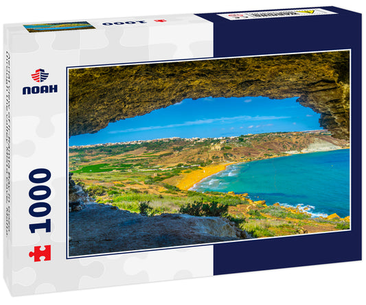Aerial view of Ir-Ramla Bay in Gozo through the valley Mixta Cave, Malta.