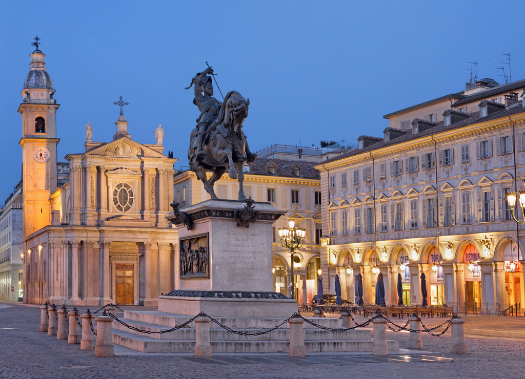 Turin, Italy: The square Piazza San Carlo at dusk