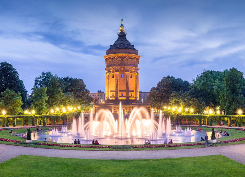 Mannheim rose garden and water tower at night