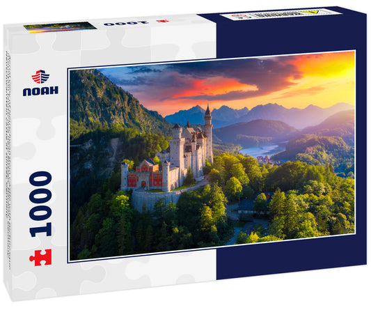 Aerial view of Neuschwanstein Castle with picturesque mountain landscape near Füssen, Bavaria, Germany. Neuschwanstein castle at sunset, Germany