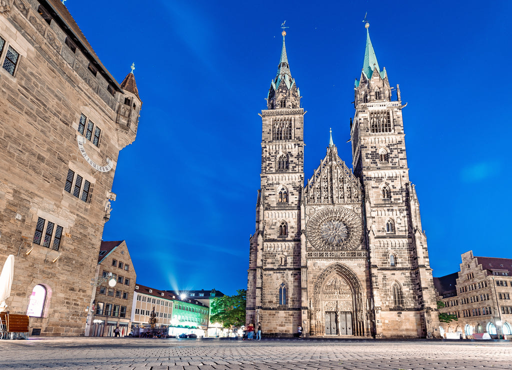 Classic night view in Nuremberg on illuminated building of St. Lorenz church