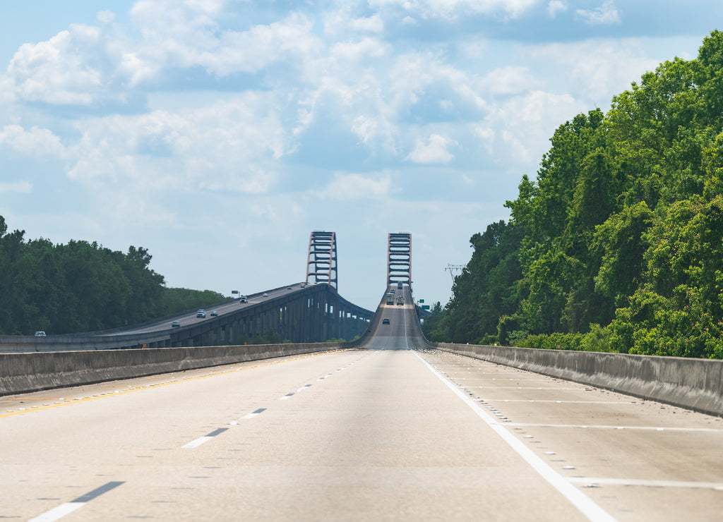 Bay Minette with Interstate Highway Road i-65 in Alabama with General WK Wilson Jr.'s bridge over Mobile Bay Water in summer