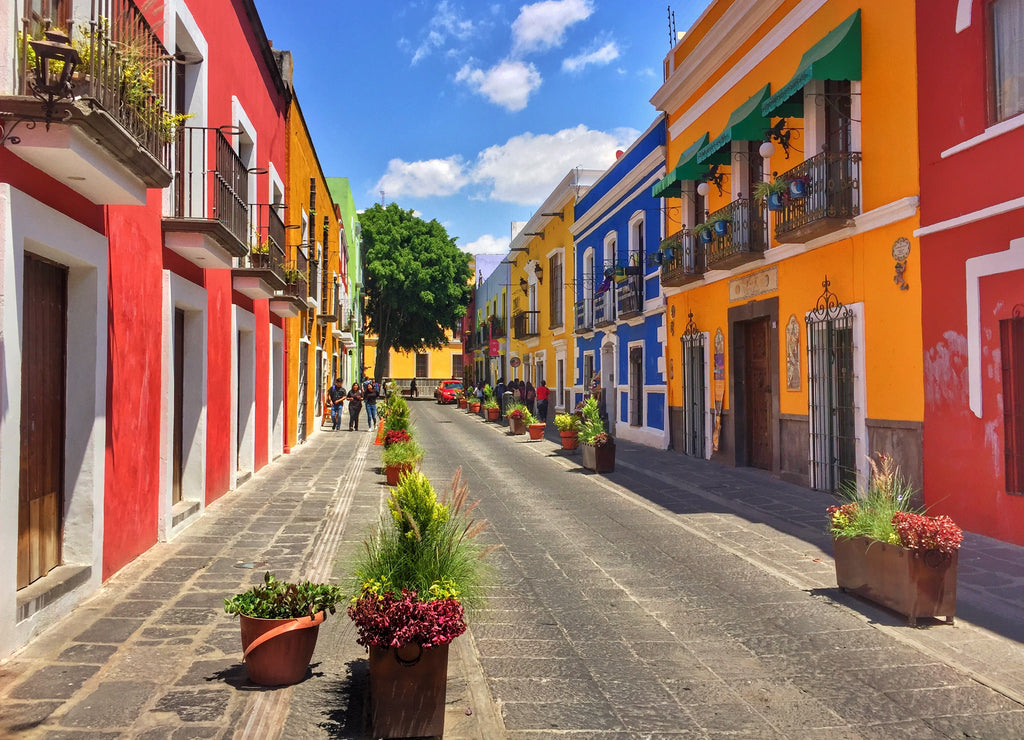 Colonial street in Puebla City, Mexico