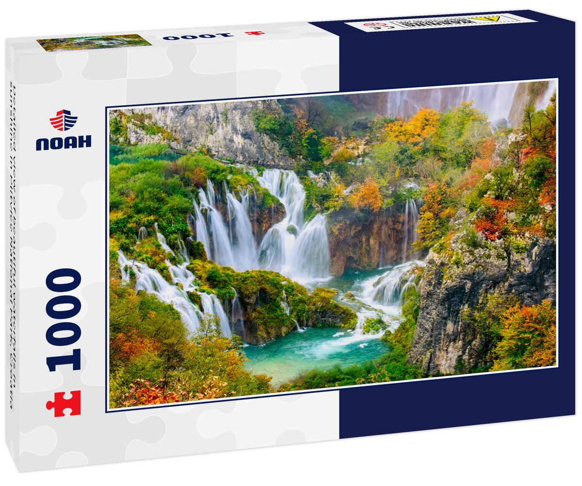 Detailed view of beautiful waterfalls in sunshine in Plitvice National Park, Croatia