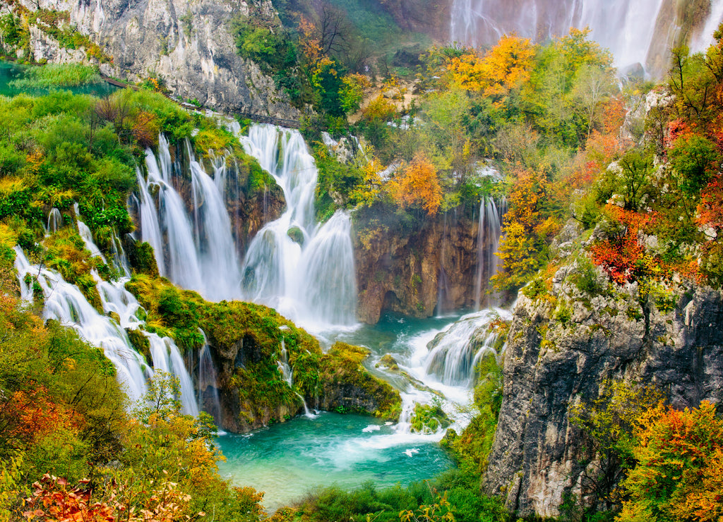 Detailed view of beautiful waterfalls in sunshine in Plitvice National Park, Croatia