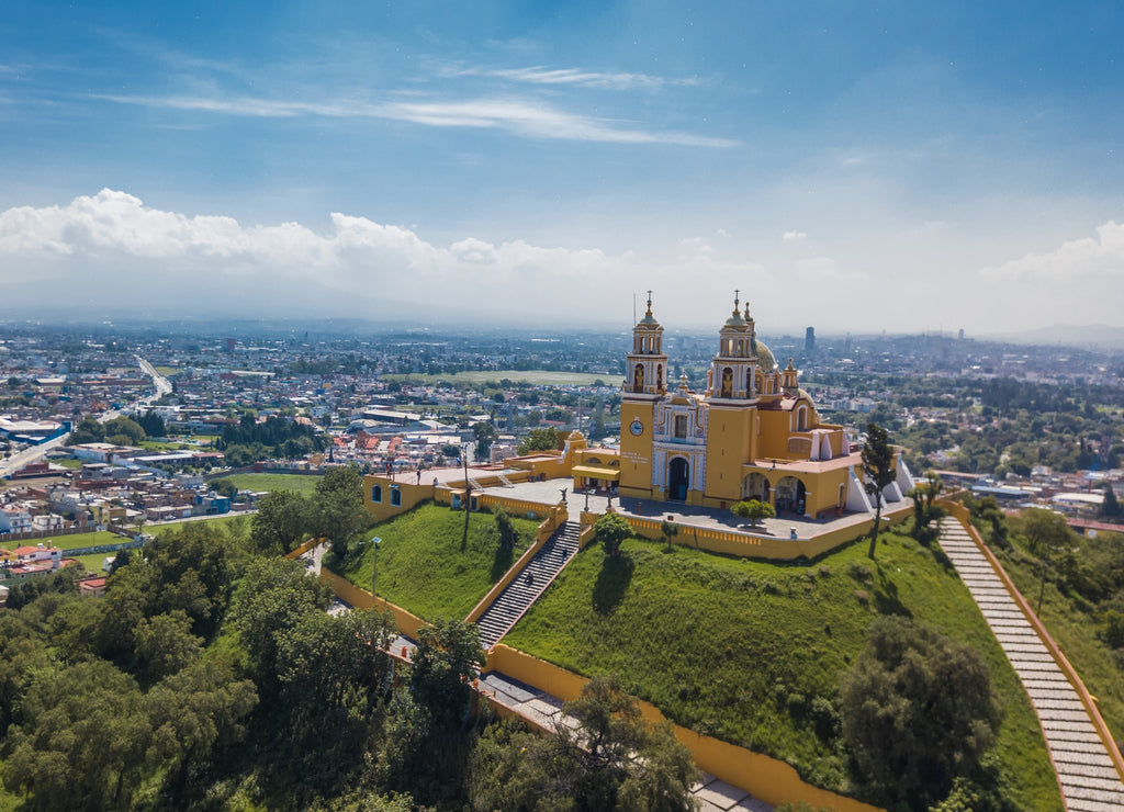 Beautiful aerial view of Puebla Mexico and its church, Mexico