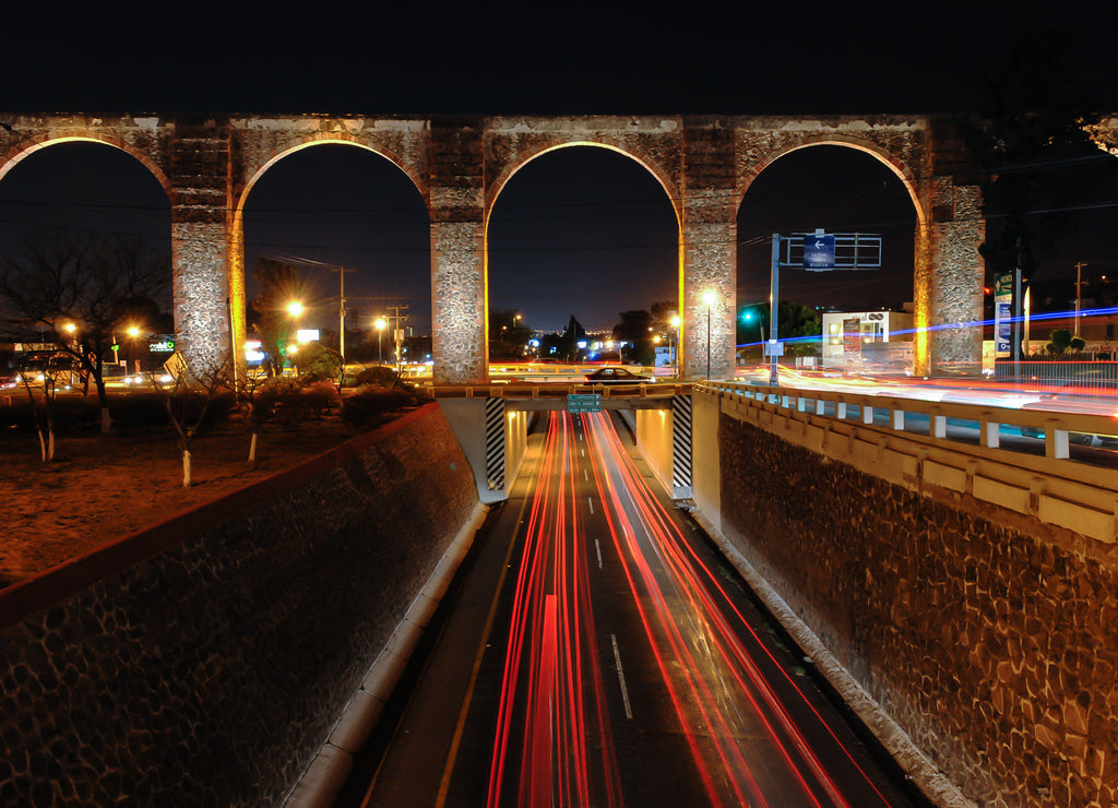 The aqueduct of Queretaro at night, Mexico